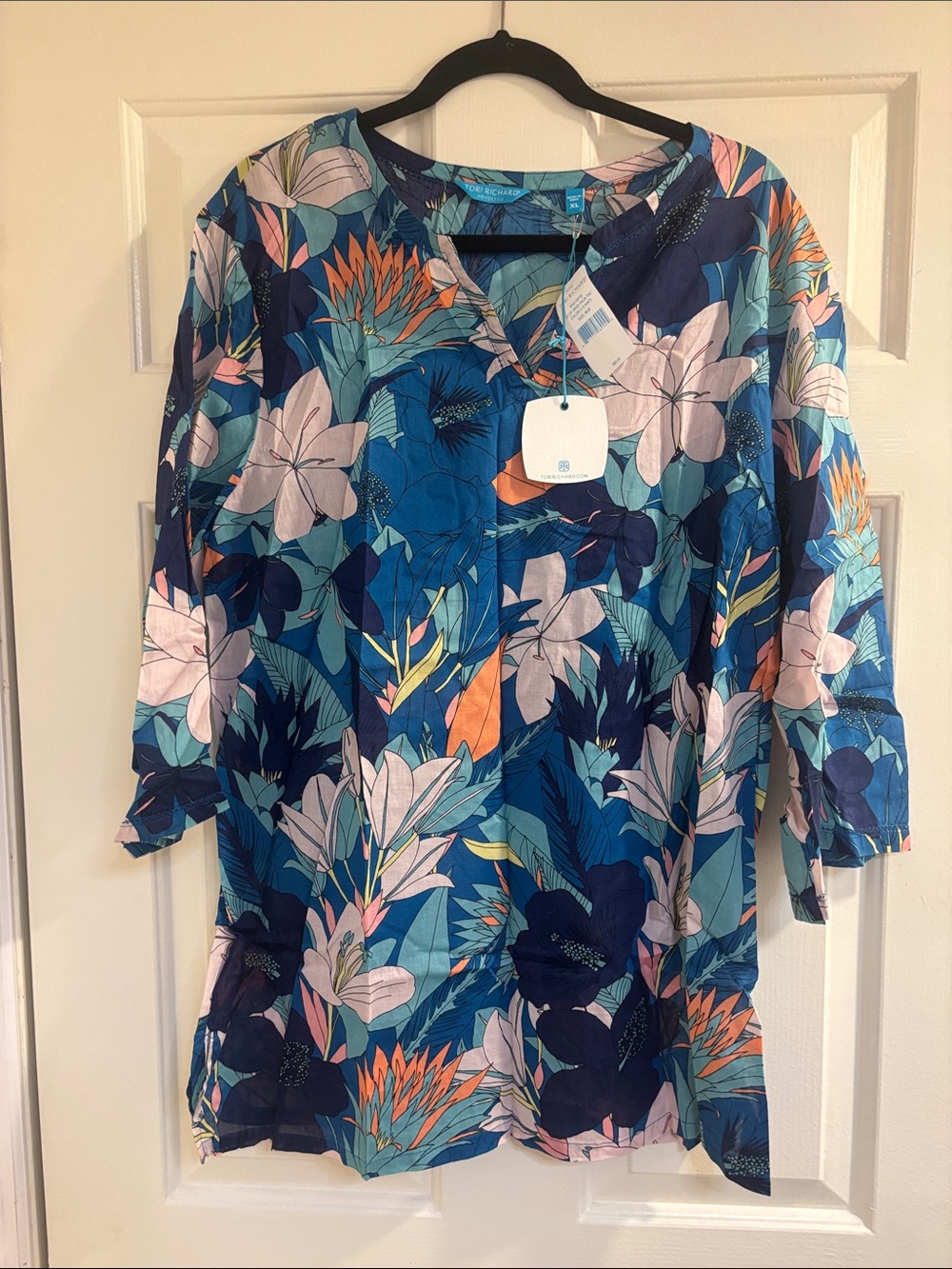 Tori Richard Blue Floral V-Neck Tunic with Pink & Orange Accents